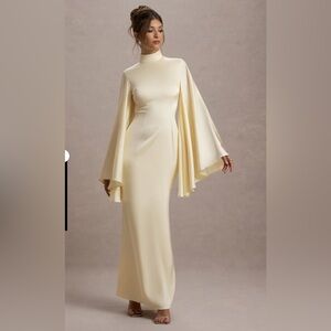 Club L London- Cream Maxi Gown with Long Bell Sleeves and Asymmetrical Neckline